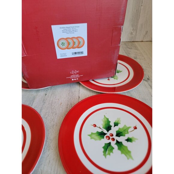 Lenox holiday paint stripe dessert plate mistletoe Xmas set - Picture 5 of 6